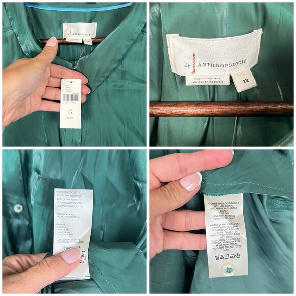 Anthropologie Silky Iridescent Button Up Green Long Sleeve Shirt Plus 3X - Picture 12 of 14